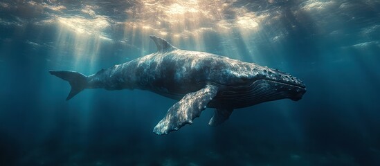 Fototapeta premium A humpback whale swims gracefully through the ocean with sun ray