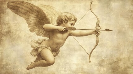 whimsical cherub illustration ethereal cupid with delicate wings aims bow and arrow. soft pastel hues and flowing lines create romantic, dreamlike atmosphere on vintage-inspired parchment.