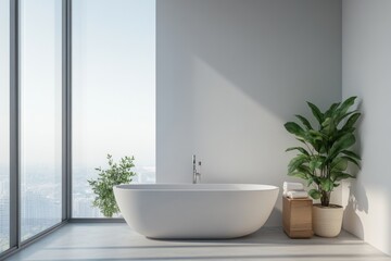 Modern Bathroom Interior with Bathtub and Panoramic Window, Empty Space for Copy. Stylish Design in Light Tones