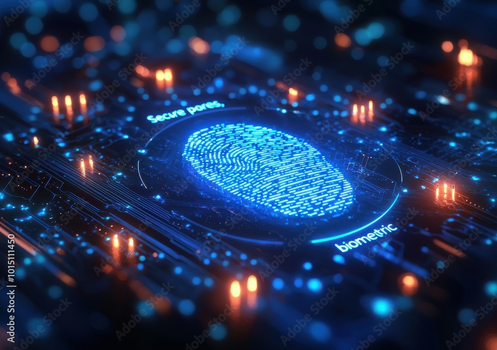 Poster biometric fingerprint and secure technology concept with glowing digital fingerprint on a circuit bo