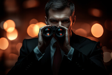 Curious spy agent looking through binoculars in hands. Surveillance. Secret agent.