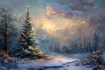whimsical christmas tree wonderland in serene winter landscape, digital painting