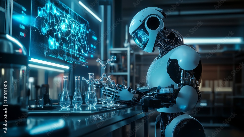 Poster A humanoid robot, wearing a helmet with a blue glow, is in a laboratory setting. The robot is standing at a table with a molecular model and several beakers in front of it