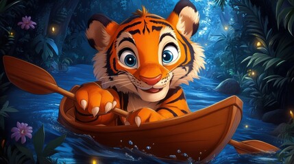 Playful Tiger Cub in a Canoe on a Magical River