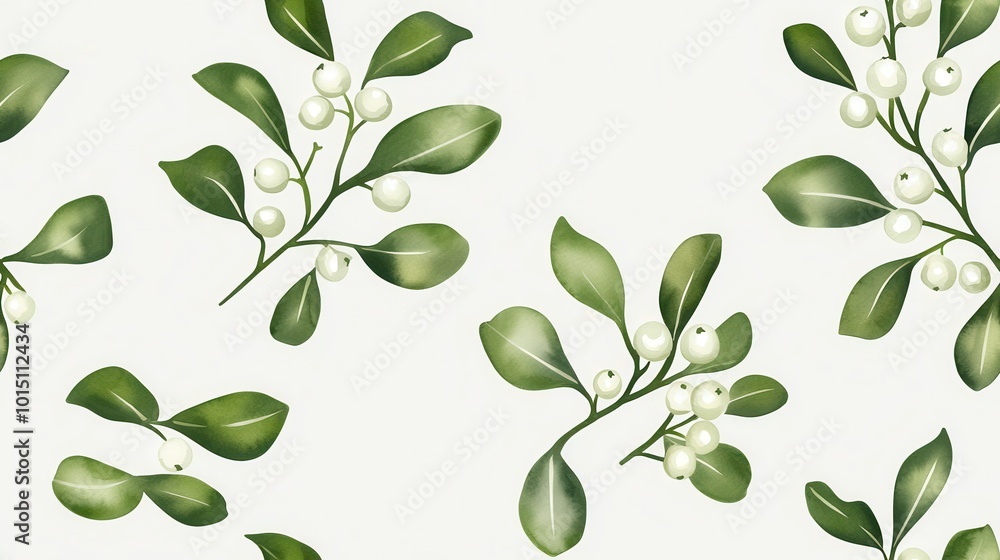 Canvas Prints Green Leaves and White Berries Seamless Pattern.