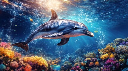 Fototapeta premium Vibrant Dolphin Swimming Through Colorful Coral Reef