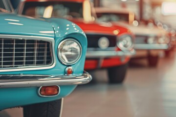 Fototapeta premium Close-up view of a row of colorful vintage cars, focusing on the front grille and headlight, highlighting classic automotive design and retro style.