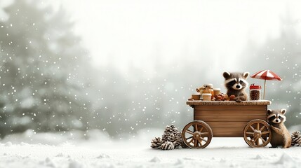 Obraz premium Raccoon selling coffee from a wooden cart in a snowy clearing, forest animals gathered, festive and warm winter setting