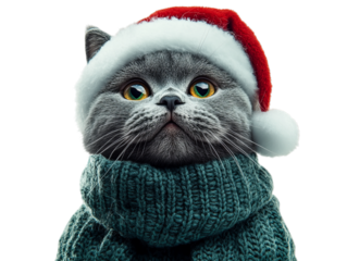 Close-up of a British Shorthair cat wearing a Santa hat and a green knitted sweater, isolated on transparent background, festive Christmas holiday portrait of a cute gray cat dressed in winter outfit