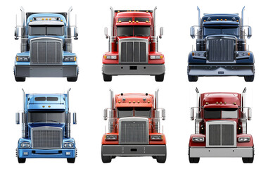 Collection of trucks in different colors front view isolated on transparent background