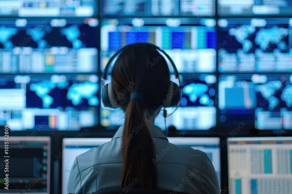 Poster a female operator with a headset monitors data on multiple screens in a control room, symbolizing te