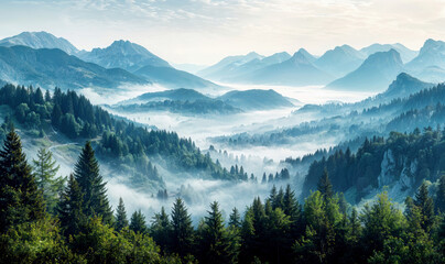 Obraz premium Fog rolling through mountain forest at sunrise creating ethereal landscape