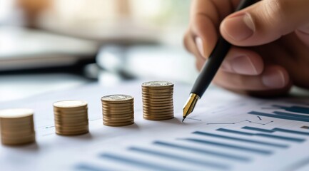 Investment Growth and Market Analysis Concept with Stacked Coins and Financial Documentation