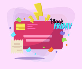 Black Friday lettering for promotion design. Huge credit card. Handwritten text, calligraphy. Sale, shopping, payment, advertising concept. Vector illustration can be used for poster or banner