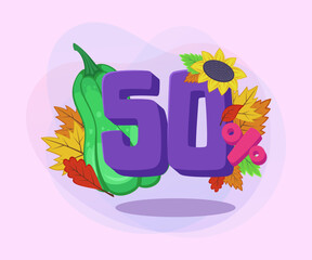 Autumn special offer with fifty percent discount vector illustration. Green pumpkin, autumn leaves and sunflower on abstract background. Sale, shopping, bonus concept. Can be used for banner design