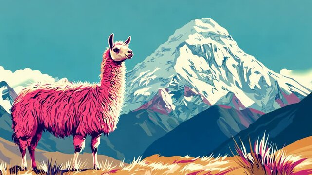 A pink llama stands in front of a snowy mountain in the Andes