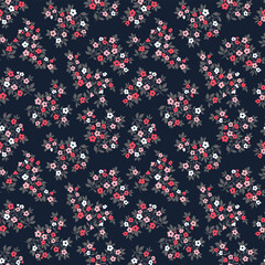 Vintage floral background. Floral pattern with small red and white flowers on a dark blue background. Seamless pattern for design and fashion prints. Ditsy and liberty style. Stock vector illustration