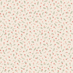 Cute floral pattern in the small flowers. Seamless vector texture. Gentle template for fashion prints. Printing with small coral pink chamomile flowers. Light ivory background. Stock print.