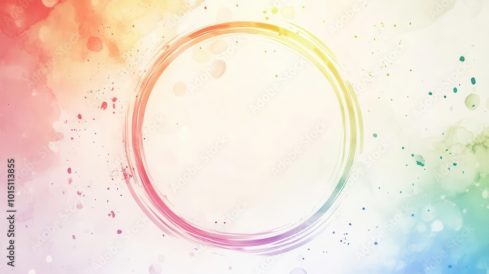 Poster whimsical round frame with a soft, watercolor rainbow effect. delicate splatters and gradient hues c