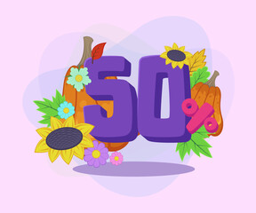 Fifty percent discount vector illustration. Pumpkins, leaves, flowers and sunflowers on abstract background. Sale, shopping, loyalty program, autumn concept. Can be used for poster or banner design