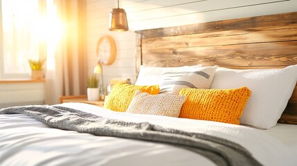 Rustic charm showcased in a textured real wood headboard featuring prominent grain patterns and a weathered finish, emphasizing natural beauty and authenticity.

