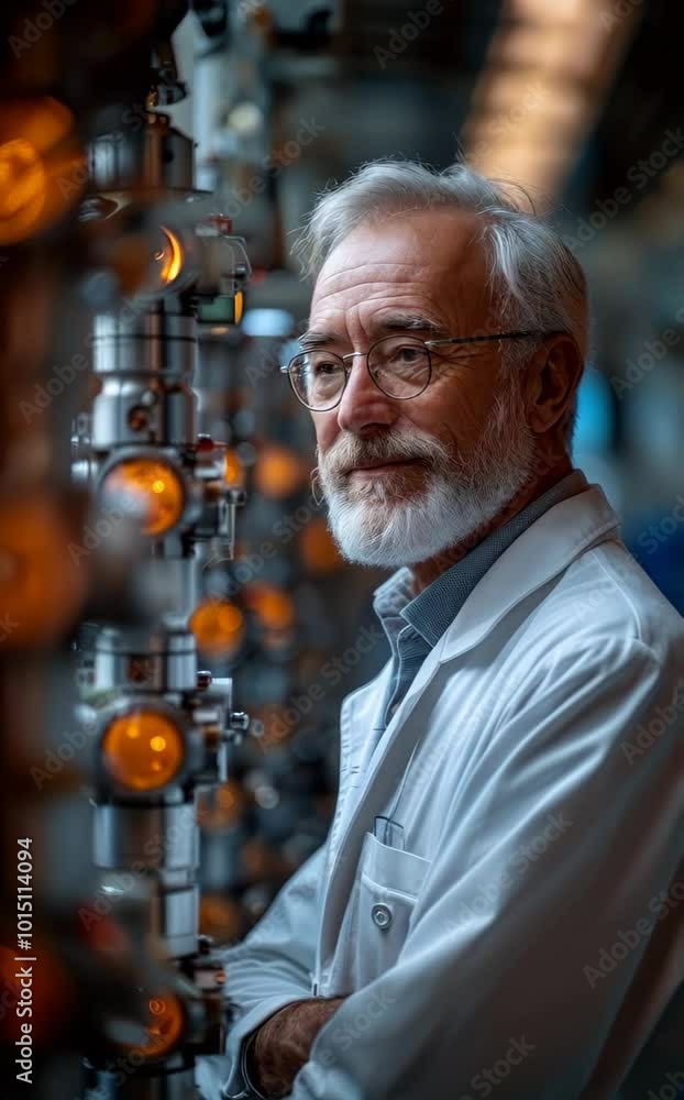 Poster a man in a white lab coat stands in front of a wall of lights. he is smiling and he is happy