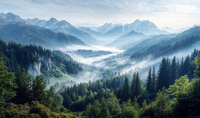 Fototapeta premium Morning fog is covering the green forest in the alps
