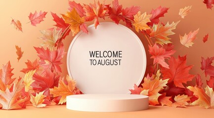Elegant autumn-themed podium display welcoming the month of August with vibrant red and orange leaves