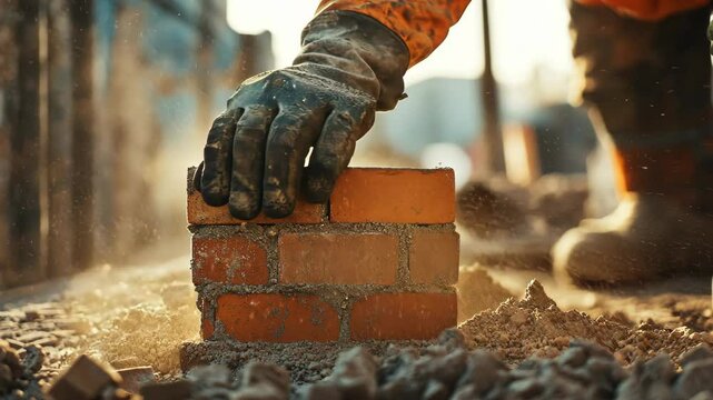 A construction worker places a brick on a wall in progress