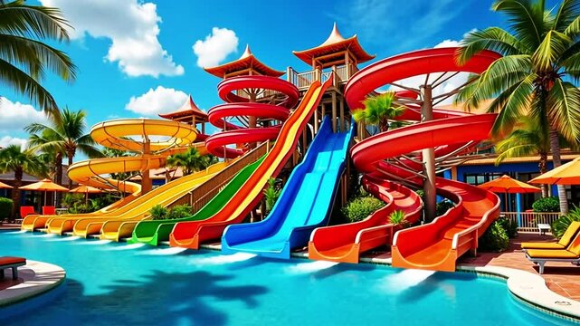 A set of colorful water slides in an outdoor aquapark