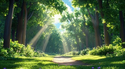 Obraz premium Radiant Sunbeams Illuminate Serene Forest Path