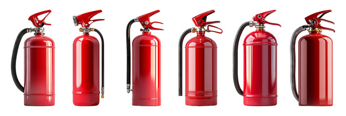 Collection of fire extinguishers front view isolated on transparent background