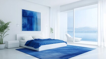A serene bedroom features a white bed with blue bedding, complemented by a large blue abstract painting. Sunlight floods the space, revealing a stunning view of the ocean through expansive windows.