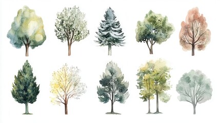 Fototapeta premium whimsical watercolor forest collection of hand-painted trees in various styles, from realistic to abstract, arranged in a dreamy composition with soft color washes