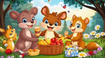 Fototapeta premium Cute Animals Enjoying Picnic in Sunny Park