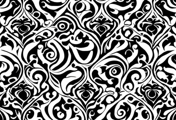 Black and white floral pattern with intricate swirls and leaves.