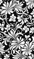 Black and white floral pattern with intricate swirls and leaves.