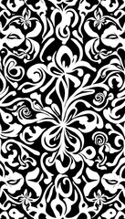 Black and white floral pattern with intricate swirls and leaves.