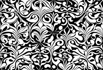 Black and white floral pattern with intricate swirls and leaves.