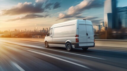 white modern cargo van speeding on motorway to city for express delivery service, business logistics and distribution, digital illustration