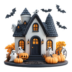 Haunted House with Ghosts Bats and Pumpkins on Halloween Night