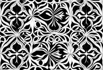 Black and white floral pattern with intricate swirls and leaves.