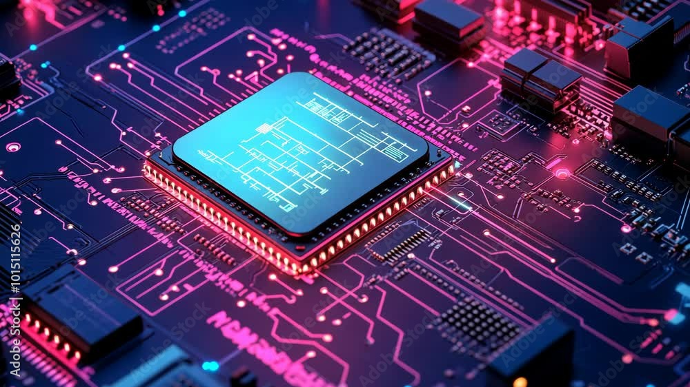 Poster a close-up of a computer processor chip, surrounded by intricate circuitry, glowing with pink and bl