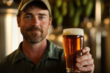 A brewer holding a pint of beer and looking directly at the camera