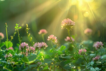 Obraz premium wildflowers of clover in meadow with soft focus and morning sun rays