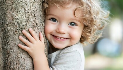 A child hugging a young tree, smiling with joy in a green park, celebrating the importance of trees for the environment, [National Tree Week], [childhood and nature], ,