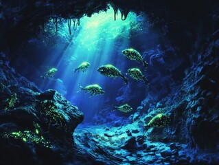 Obraz premium A group of bioluminescent animals lighting up an underwater cave, casting a soft glow