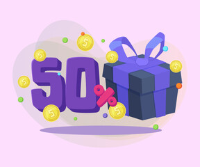 Gift box and fifty percent discount vector illustration. Gold coins on abstract background. Sale, shopping, bonus, loyalty program, advertising concept. Can be used for poster or banner design