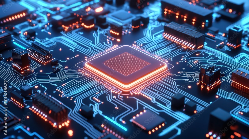 Poster glowing circuit board patterns in dark background
