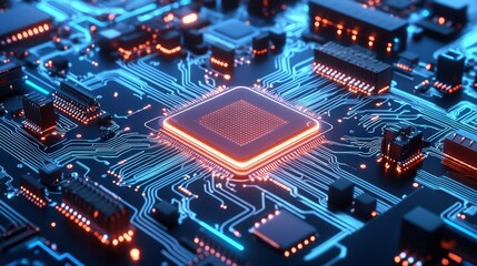 Obraz premium Glowing Circuit Board Patterns in Dark Background